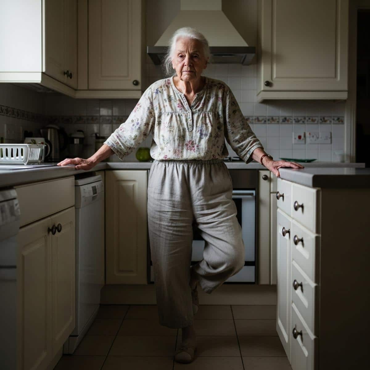 Older woman standing on one foot with one hand resting lightly on a kitchen counter, full-body centered view with blurred kitchen background