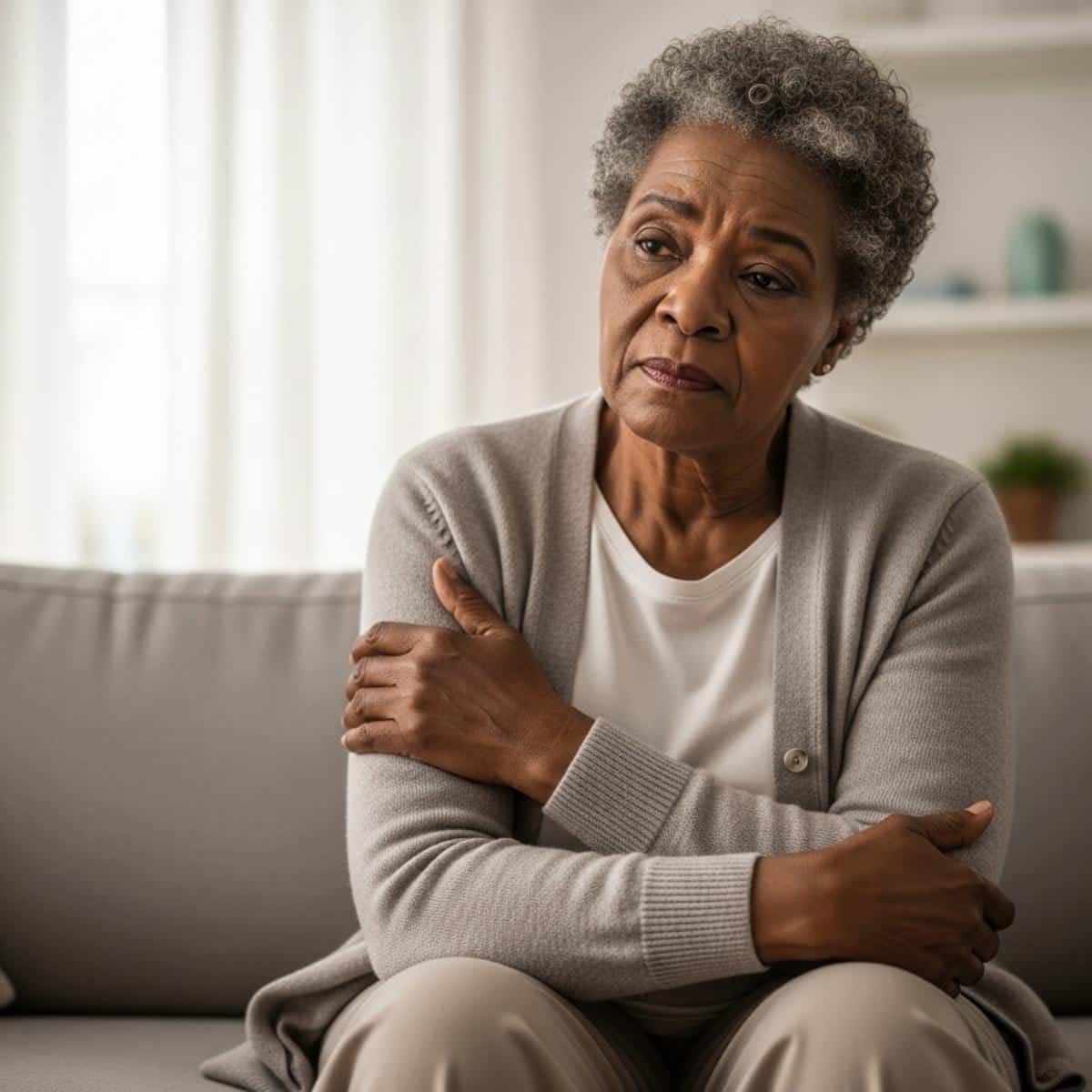 Older woman sitting alone on a couch with hand resting on her forearm, quiet wistful expression, waist-up centered view