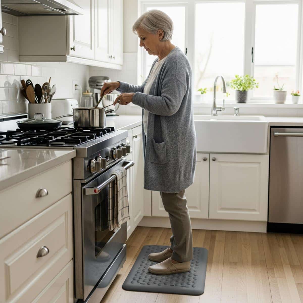 Older woman standing on a cushioned anti-fatigue mat at a kitchen counter stirring a pot, full-body centered view with mat visible beneath her feet