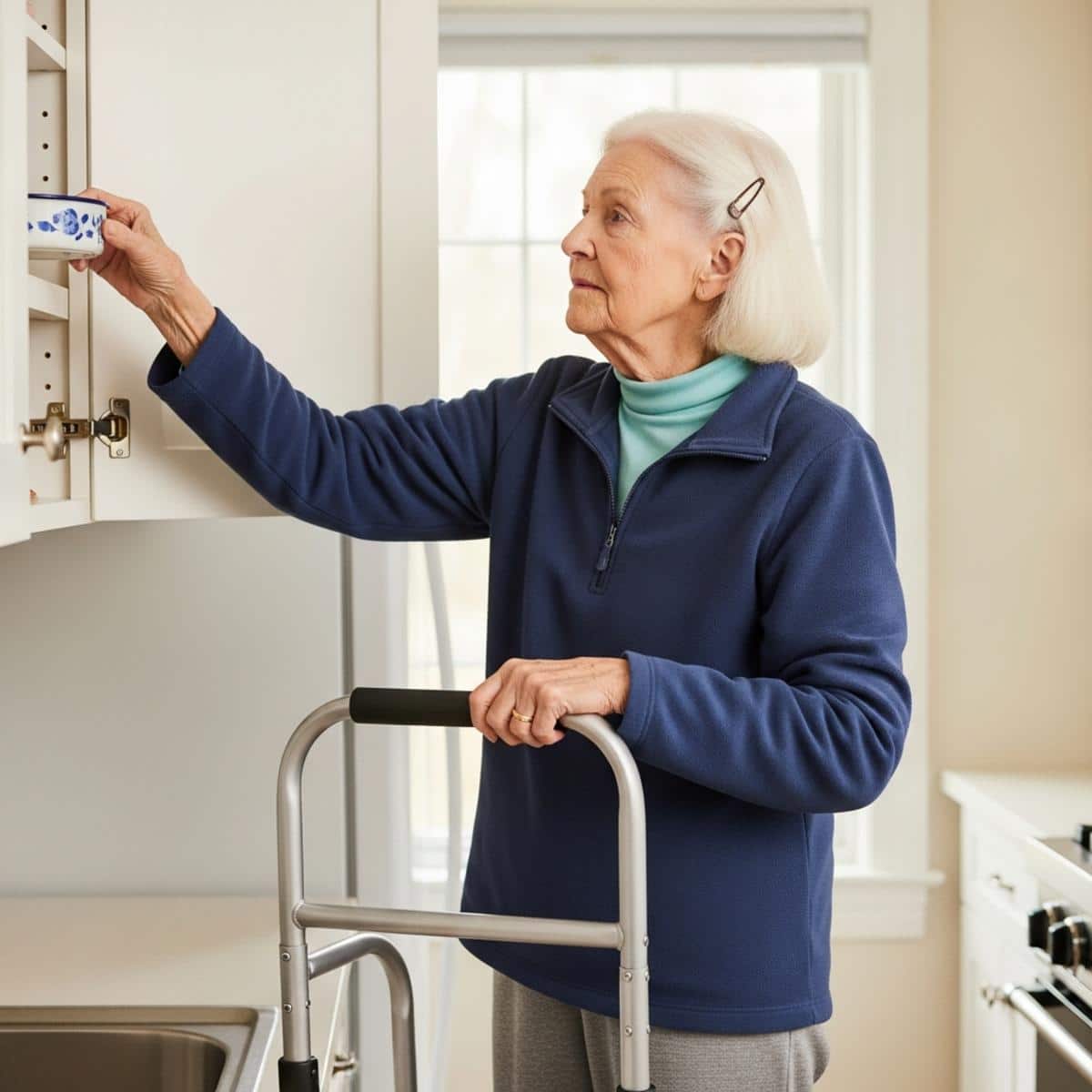 Older woman using a step stool with a safety rail to place an item on an upper kitchen shelf, full-body centered view with safety rail visible