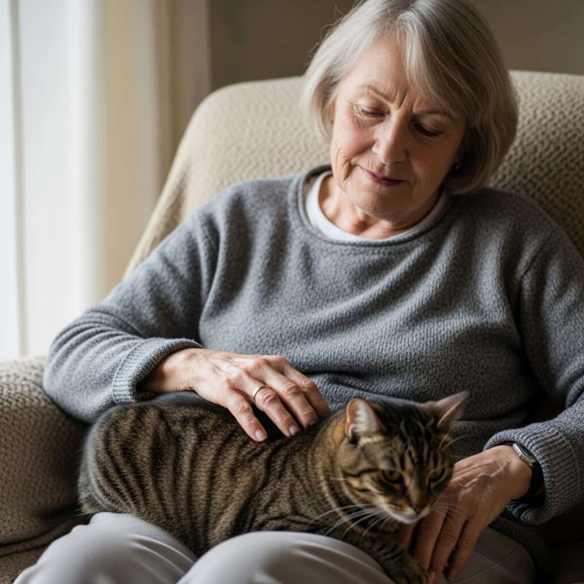 Older woman seated in an armchair gently stroking a calm cat resting across her lap, soft warm expression, waist-up centered view