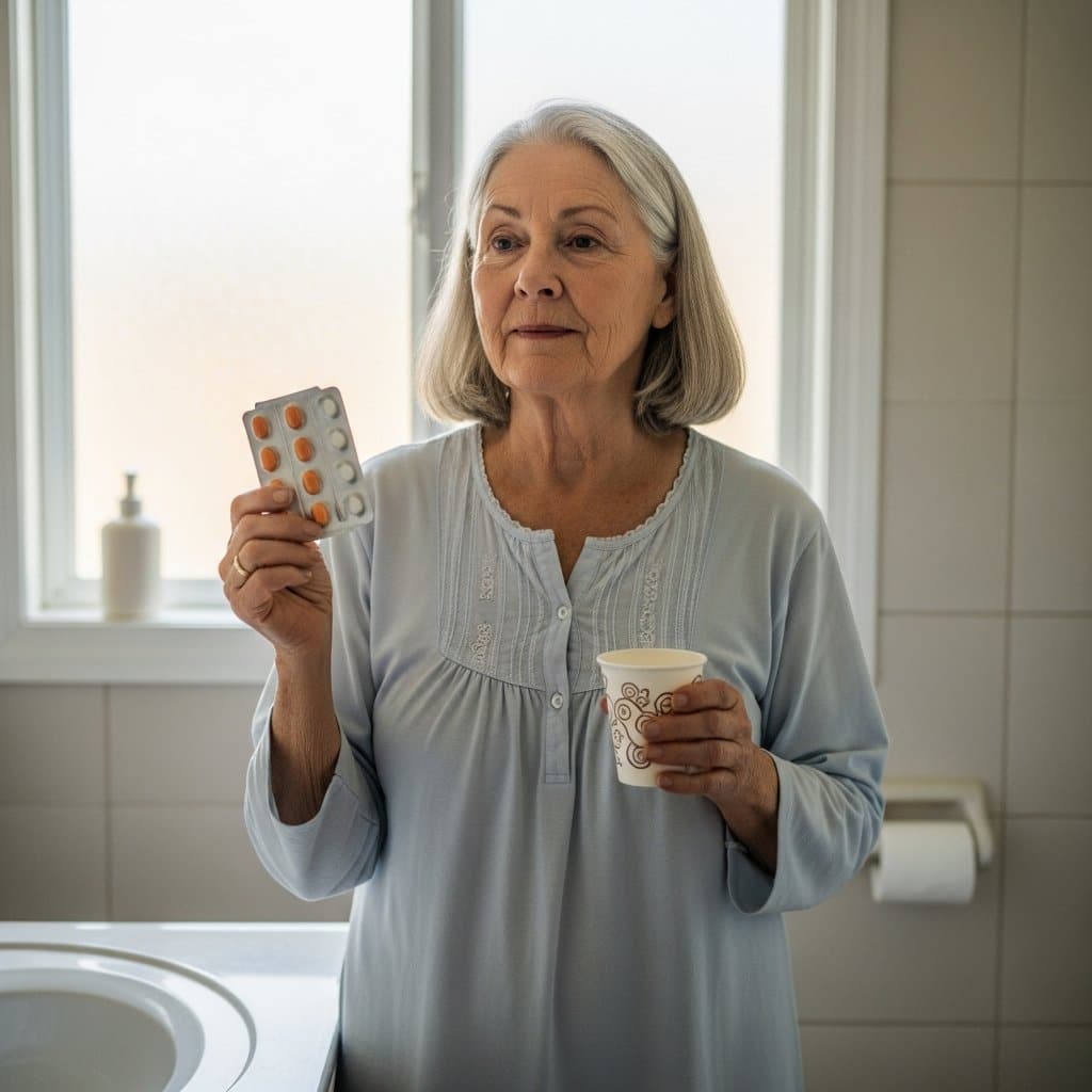 Older woman in a nightgown holding an over-the-counter pill packet and a paper cup of water at a bathroom vanity, waist-up centered view