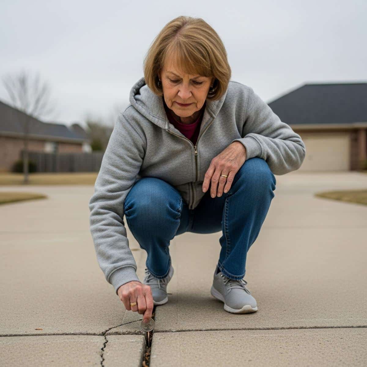 Older woman crouching to press a quarter into a crack along a concrete driveway, full-body centered view with cracked pavement visible