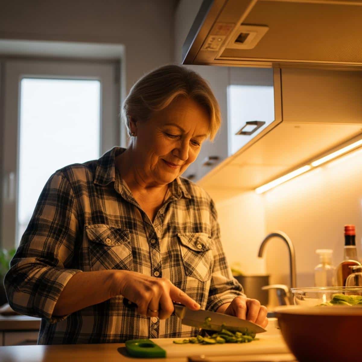 Older woman chopping vegetables under warm under-cabinet LED lighting in a kitchen, waist-up centered view with illuminated counter visible