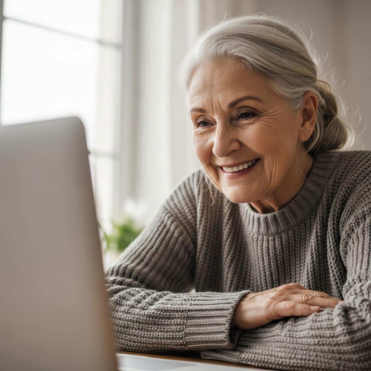Older woman smiling warmly at an open laptop during a video call, waist-up centered view with blurred screen visible