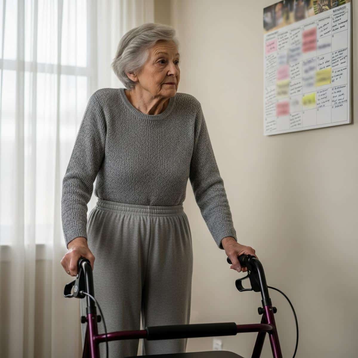 Older woman with a walker pausing to look at a wall calendar in her living room, thoughtful self-directed expression, full-body centered view