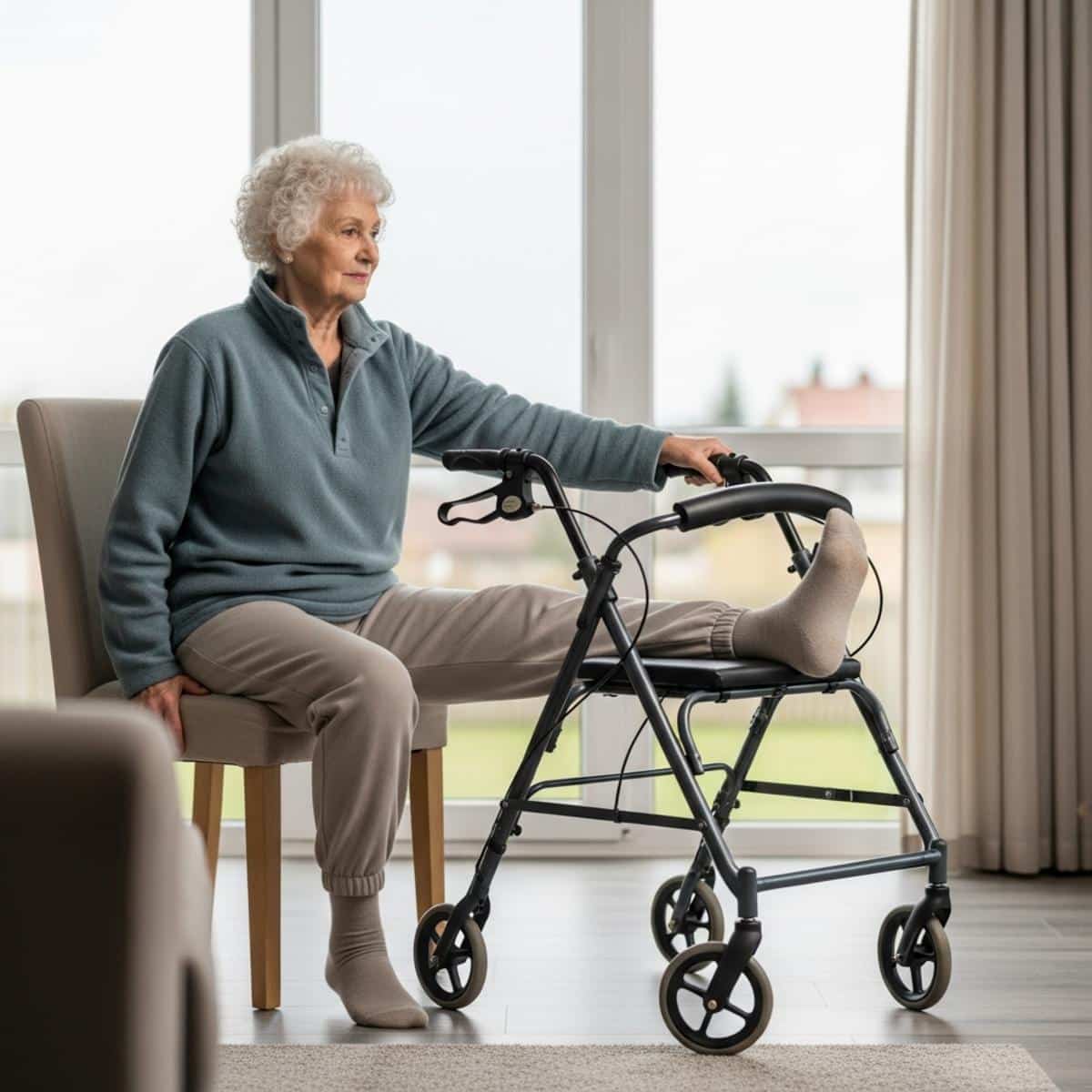 Older woman with walker seated at a chair edge performing a seated hamstring stretch with one leg extended, full-body centered view
