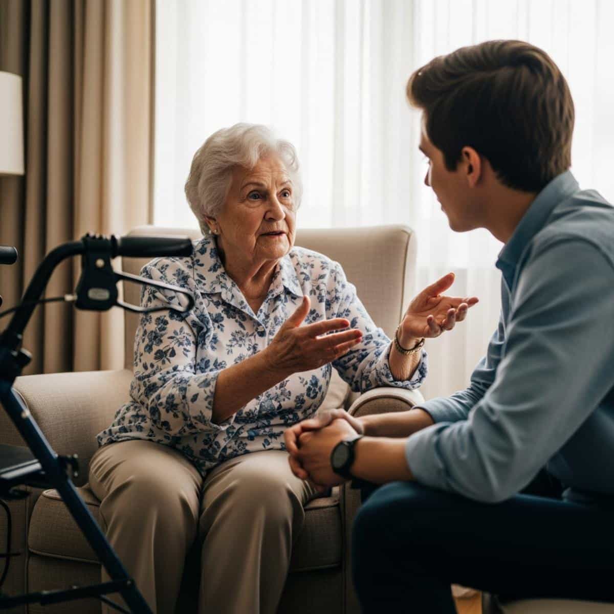 Older woman in armchair with walker nearby gesturing while talking warmly with a young adult grandchild, waist-up centered view