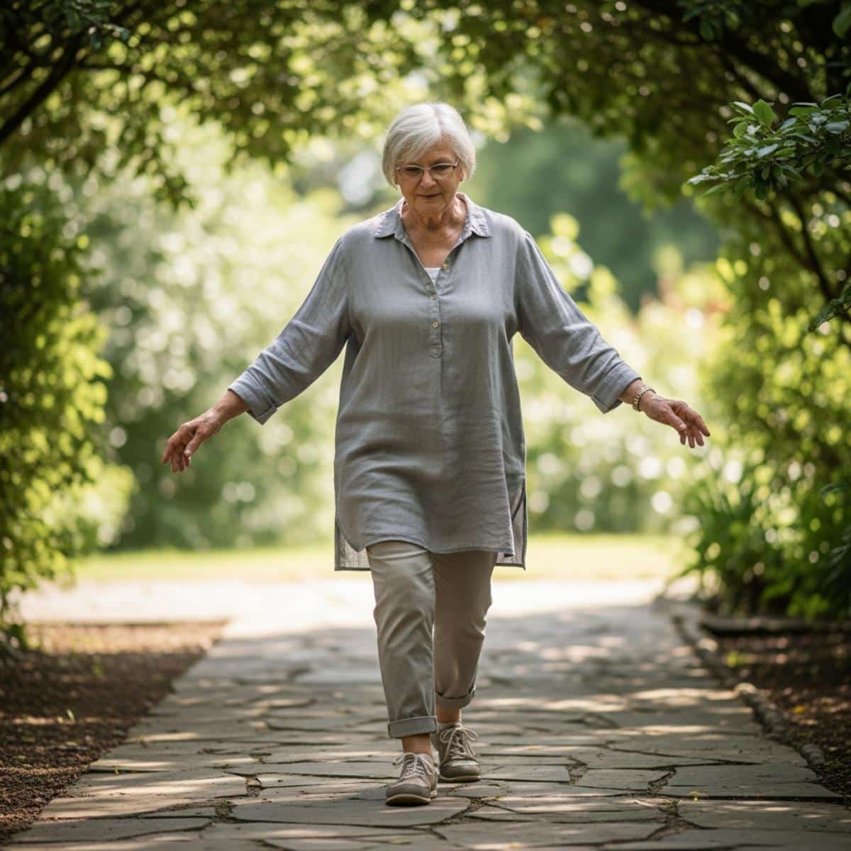 Older woman stepping carefully along a flagstone garden path with arms slightly raised for balance, full-body centered view