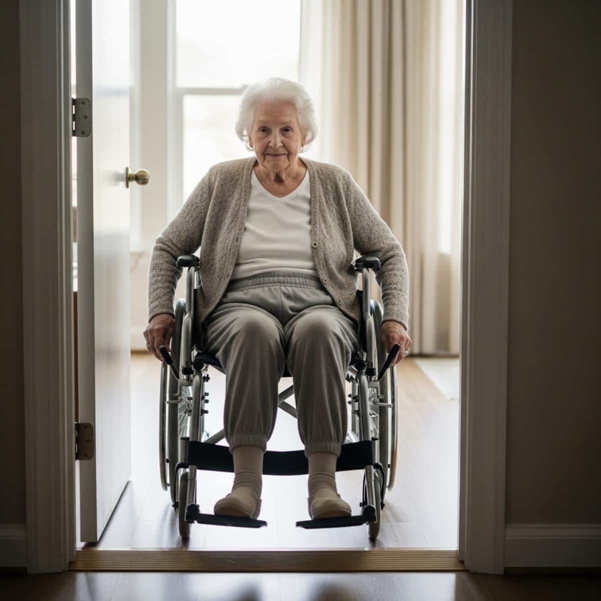 Older woman in a manual wheelchair rolling over a low threshold ramp at a flooring transition, full-body centered view