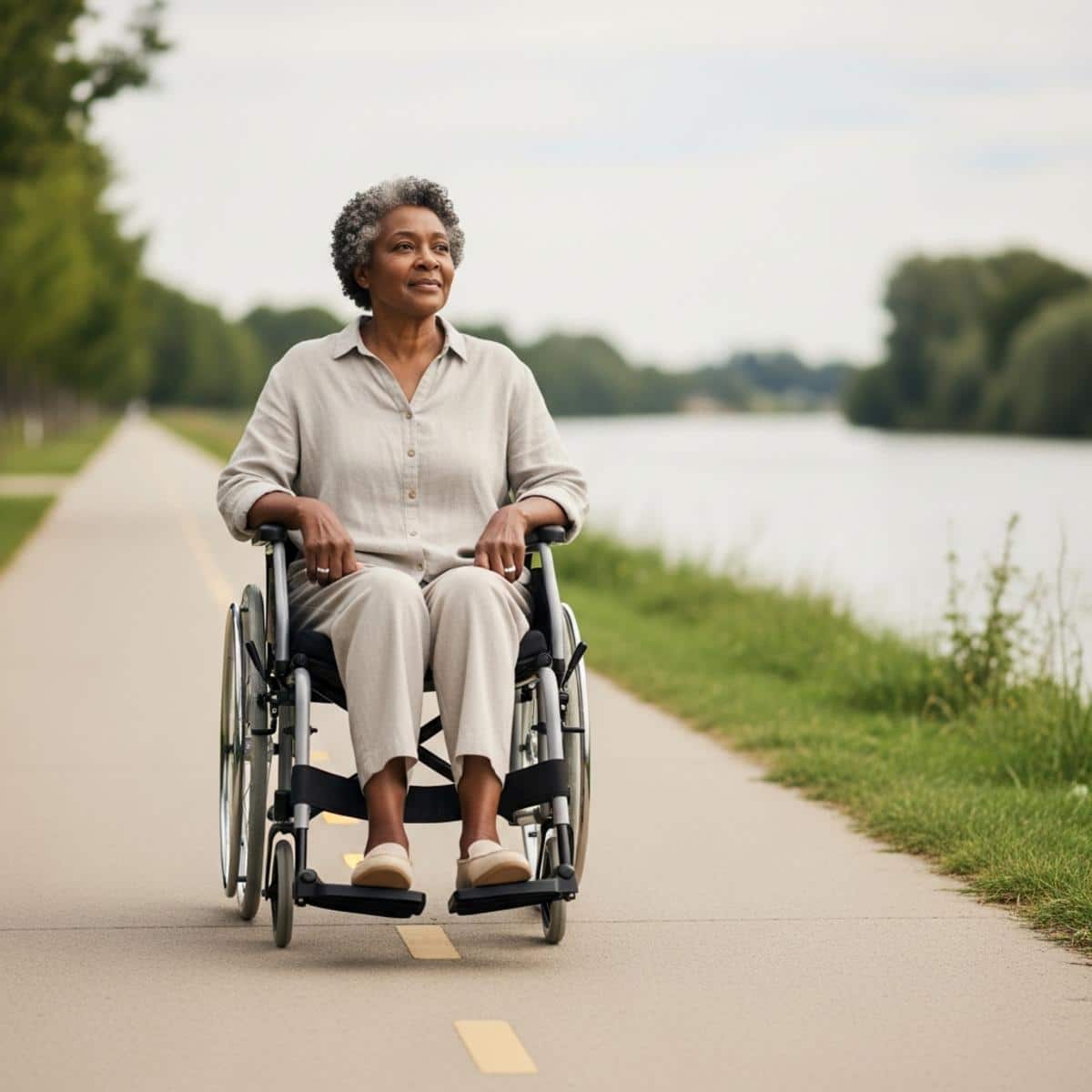 Older woman in a manual wheelchair navigating a wide smooth paved riverside walkway, full-body centered view with greenery in background