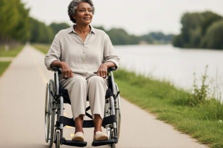Older woman wheelchair riverside walkway[3]