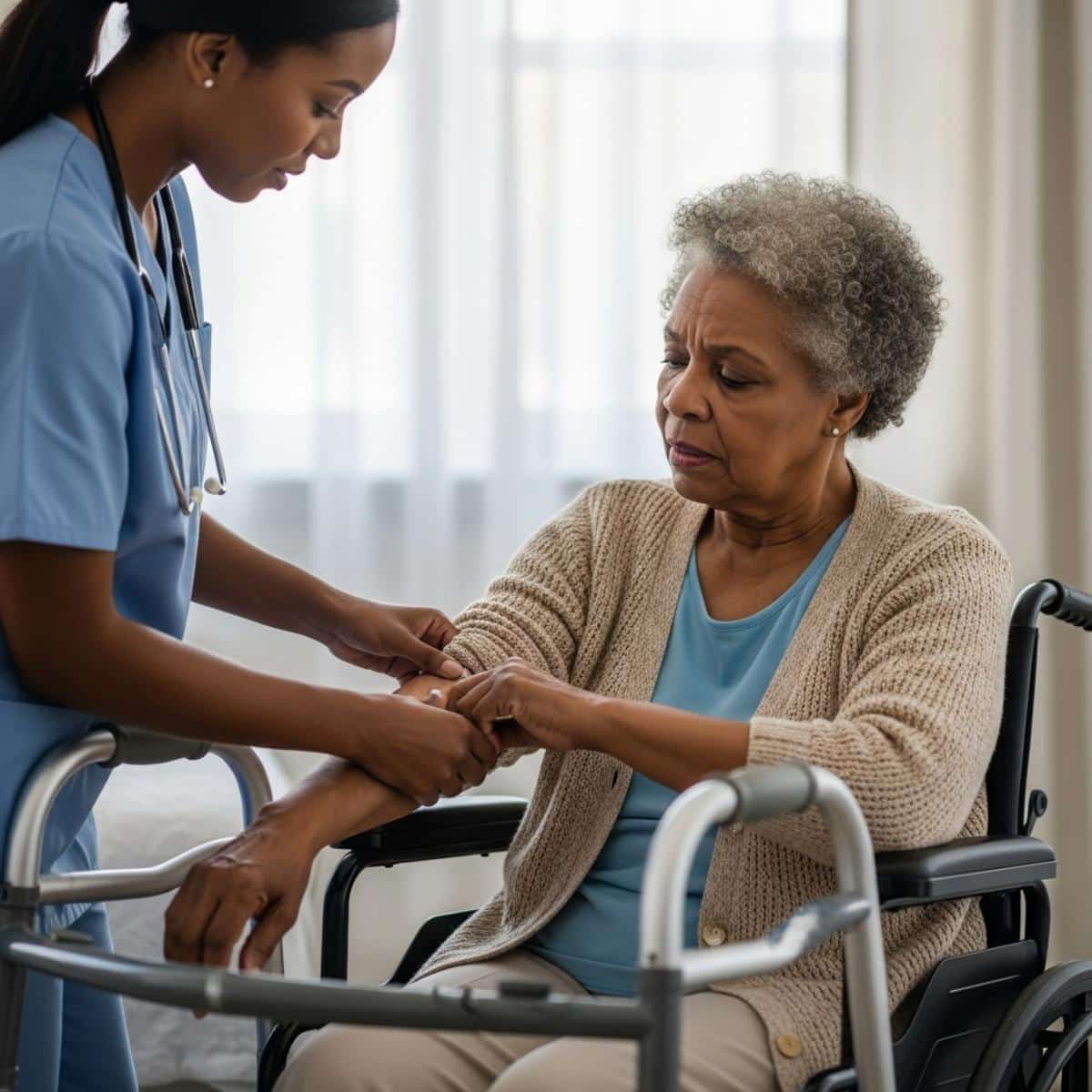 Older woman in a wheelchair with walker nearby as a caregiver gently examines skin on her forearm in a softly lit bedroom, waist-up centered view
