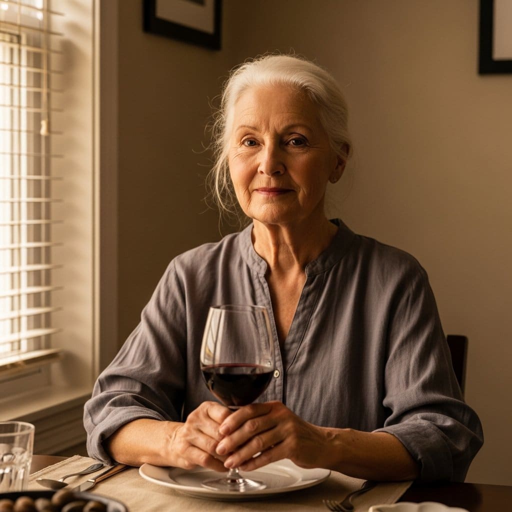 Older woman sitting at a dining table holding a glass of red wine, calm and relaxed expression, waist-up centered view