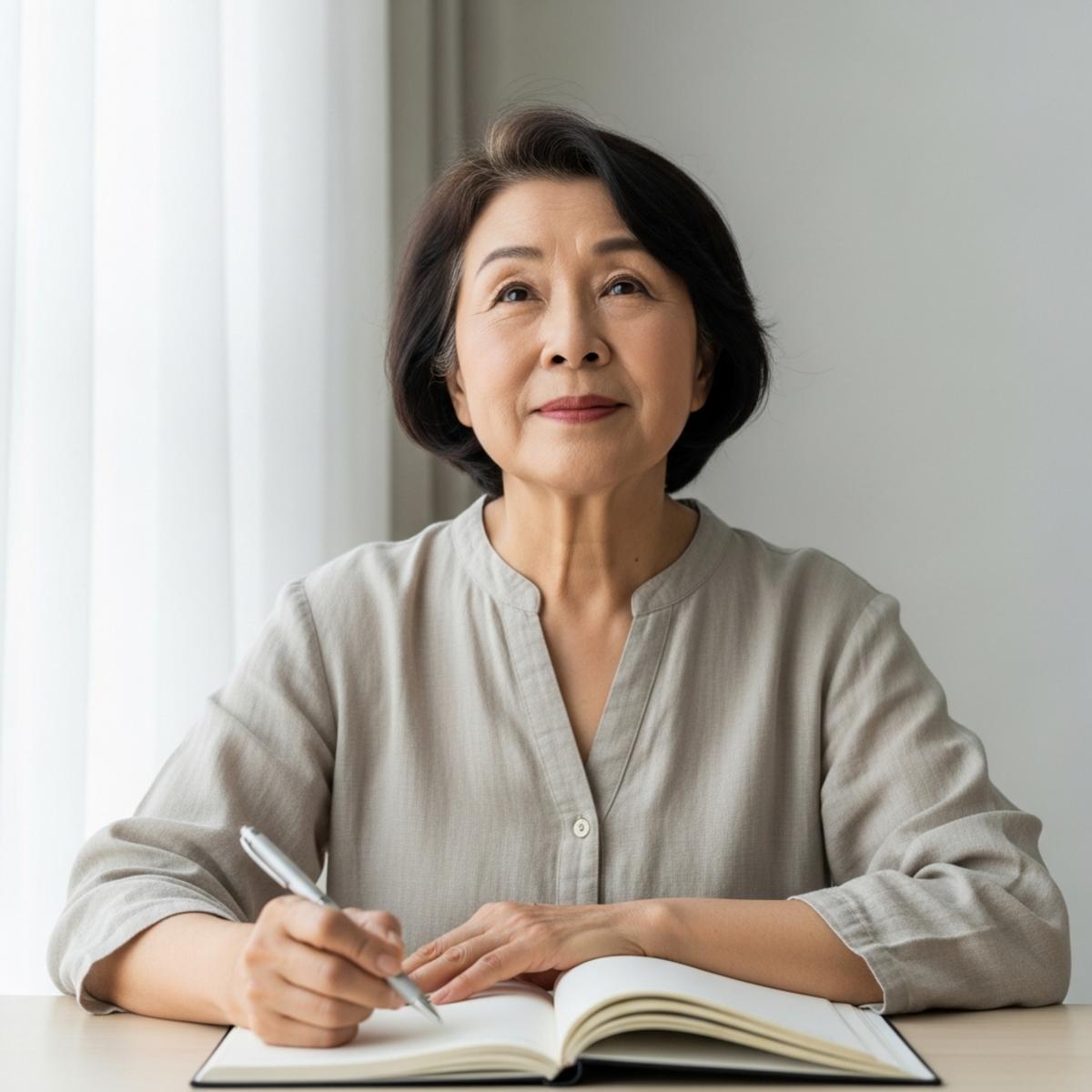 Older woman with reading glasses pausing mid-thought while writing in an open journal at a writing desk, waist-up centered view