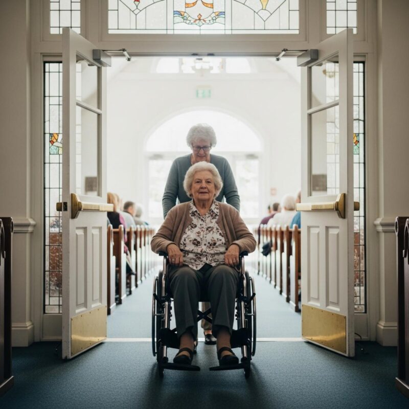 { "keyword": "accessible places of worship for seniors", "prompt": "Photorealistic image of an older woman in her late 70s moving through a wide church doorway in a wheelchair, pushed gently by another older adult behind her, wearing a comfortable cardigan and printed blouse, her expression calm and at ease as she enters. Soft diffused overcast daylight from the open entrance, shot on 50mm lens at f/4, candid unposed moment, shallow depth of field. Subject centered in frame filling 65% of composition, full-body view with wheelchair and accessible wide doorway clearly visible, interior of gathering space softly blurred behind. No eyeglasses on subject.", "caption": "Every door should open wide", "alt_text": "Older woman in a wheelchair being guided through a wide accessible church doorway by another person, full-body centered view" }