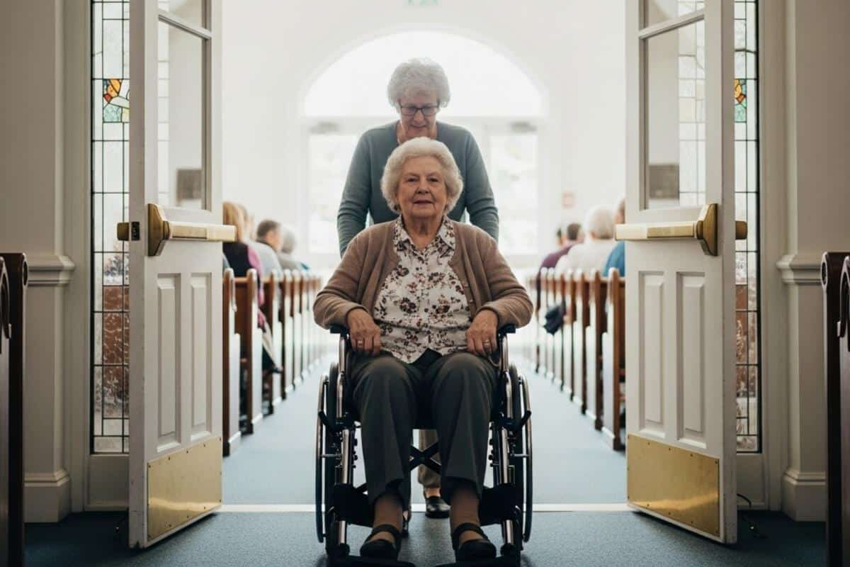 { "keyword": "accessible places of worship for seniors", "prompt": "Photorealistic image of an older woman in her late 70s moving through a wide church doorway in a wheelchair, pushed gently by another older adult behind her, wearing a comfortable cardigan and printed blouse, her expression calm and at ease as she enters. Soft diffused overcast daylight from the open entrance, shot on 50mm lens at f/4, candid unposed moment, shallow depth of field. Subject centered in frame filling 65% of composition, full-body view with wheelchair and accessible wide doorway clearly visible, interior of gathering space softly blurred behind. No eyeglasses on subject.", "caption": "Every door should open wide", "alt_text": "Older woman in a wheelchair being guided through a wide accessible church doorway by another person, full-body centered view" }