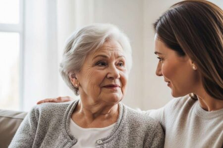 Photorealistic image of an older White woman in her early 80s and her adult daughter in her late 50s seated close together on a couch, the daughter's hand resting warmly over her mother's hand, both leaning slightly toward each other in natural conversation, mother wearing a soft knit top and the daughter in a casual sweater, mother's expression showing visible emotional warmth and ease. Soft indirect natural light from a window to the left, shot on 50mm lens at f/4, candid unposed moment, shallow depth of field. Subject centered in frame filling 65% of composition, waist-up view with both women visible and hands in clear contact. No eyeglasses on subject.