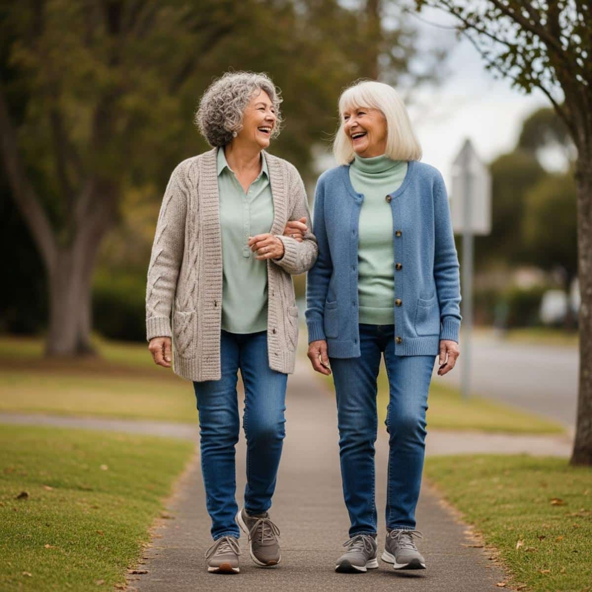 Two older women walking side by side on a residential sidewalk laughing together mid-conversation, full-body centered view