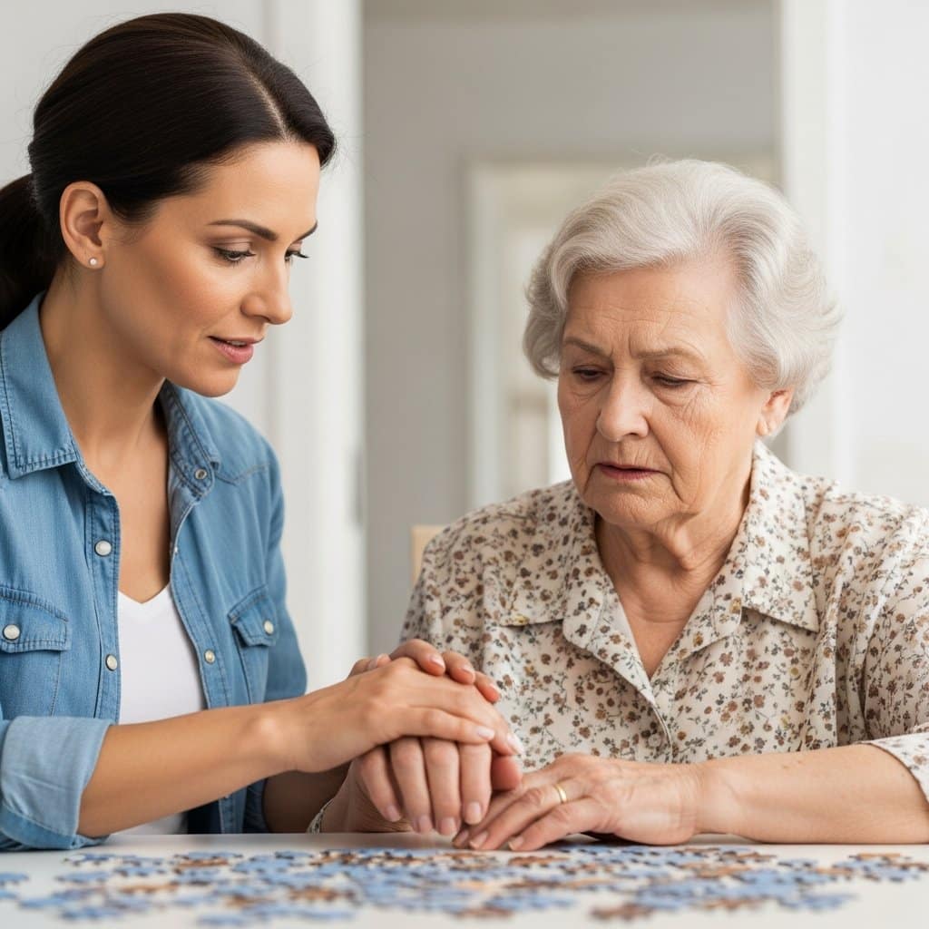 A caregiver gently placing her hand over an older woman's hand at a table, both looking down at a puzzle together, waist-up centered view