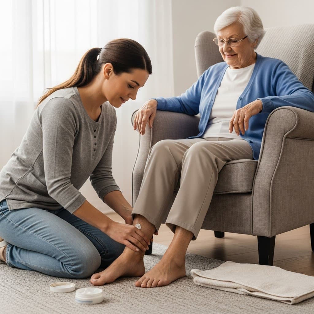 Caregiver kneeling beside an older woman in an armchair applying foot cream to her heel, full-body centered view with cream jar visible on floor