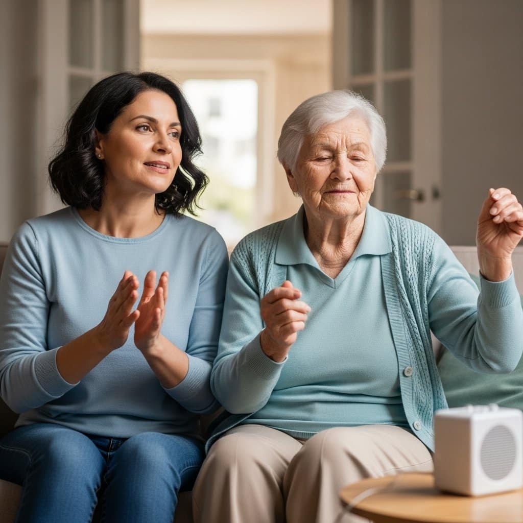 An adult woman and her elderly mother seated on a couch listening to music from a small speaker, gently clapping and swaying together, waist-up centered view