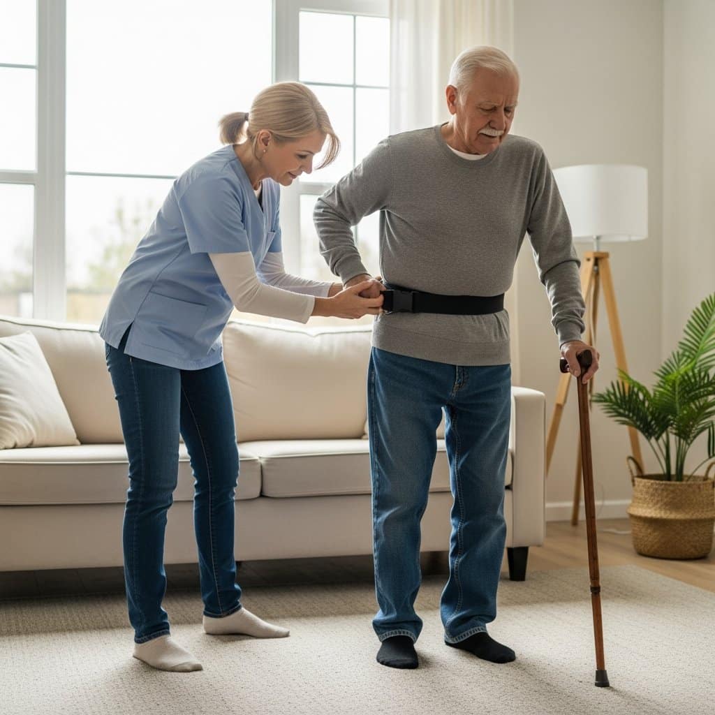 Female caregiver using proper body mechanics to assist an older man with a cane using a gait belt, full-body centered view