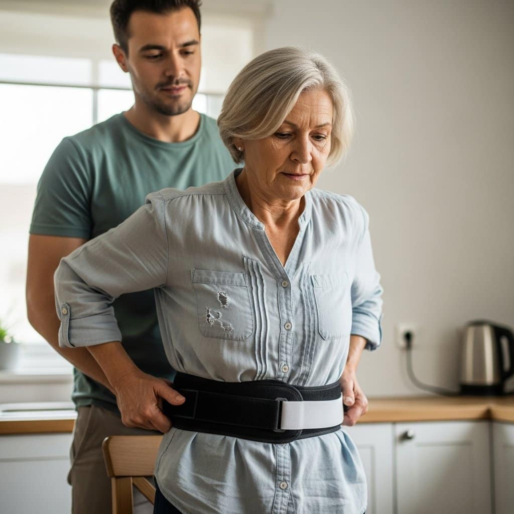 Older woman wearing a gait belt being assisted to stand from a chair by her adult son, waist-up centered view