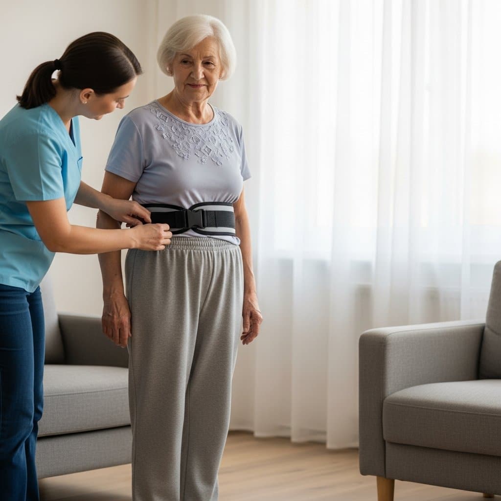 Elderly woman with white hair standing in a living room while a caregiver fastens a gait belt around her waist, patient and trusting expression, full-body centered view