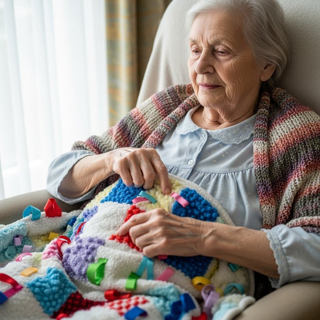 Elderly woman in a padded chair with a soft fidget blanket on her lap, fingers slowly tracing textured fabric patches and ribbon loops, waist-up centered view