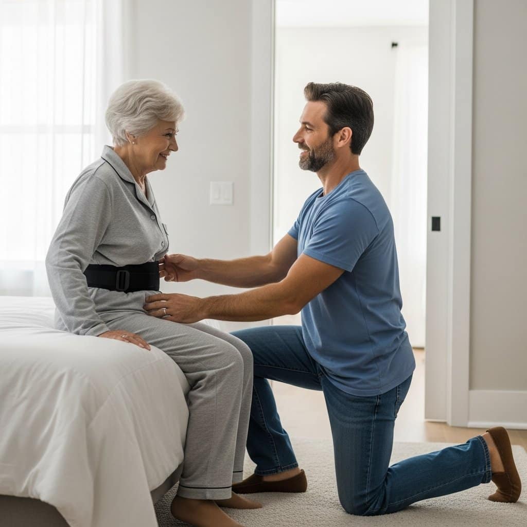 Elderly woman being helped from seated on a bed edge to standing by an adult son using a gait belt, proper body mechanics visible, both calm, full-body centered view