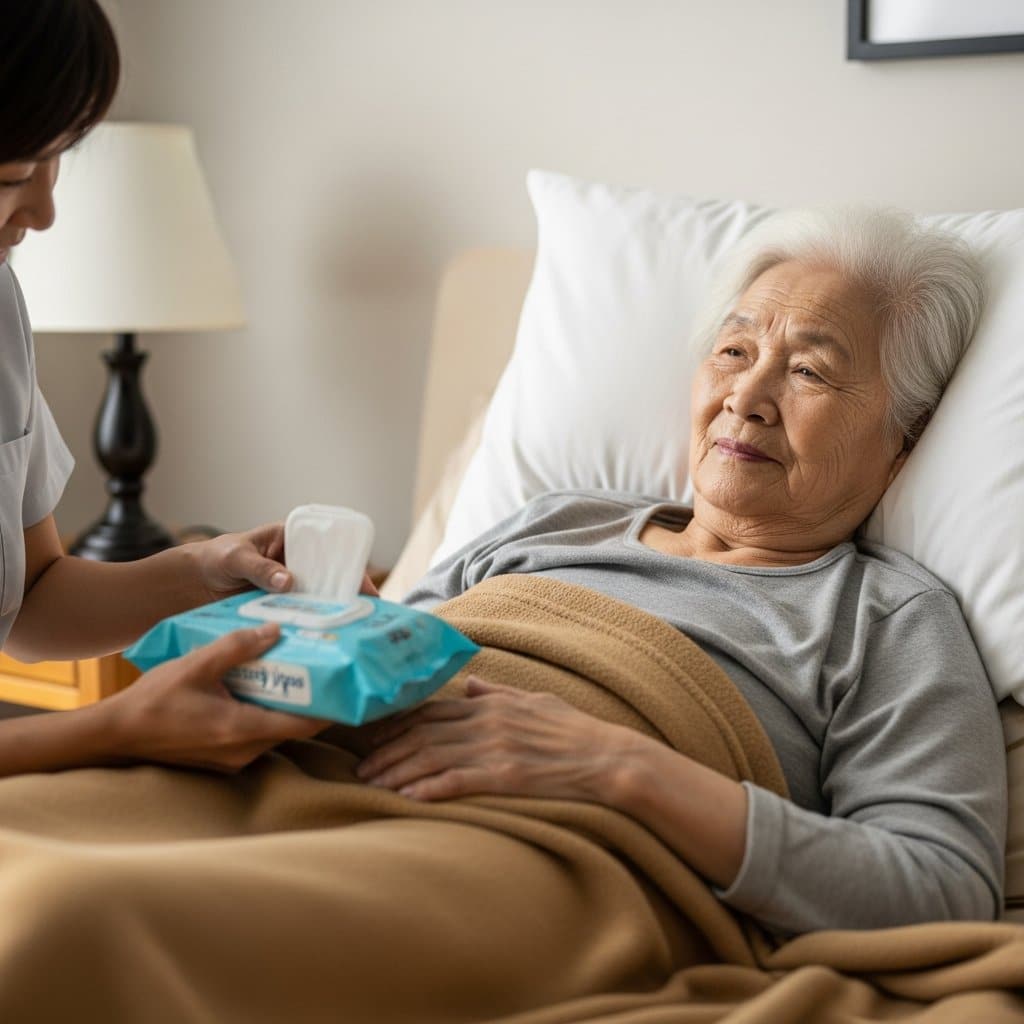 Older woman lying peacefully in a home bed while a caregiver sits beside her holding a package of body wipes, waist-up centered view