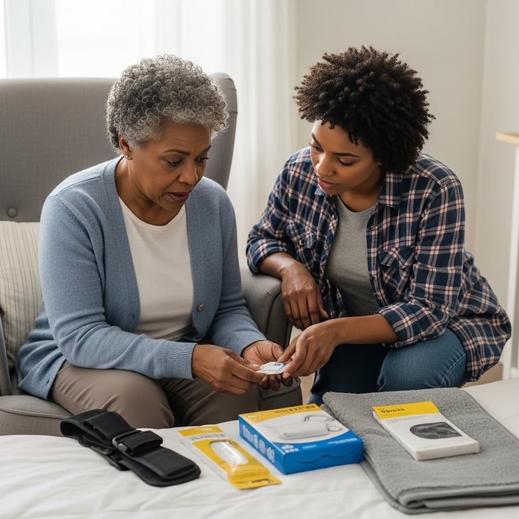 Older woman and her adult daughter reviewing home safety products laid out on a bed, waist-up centered view