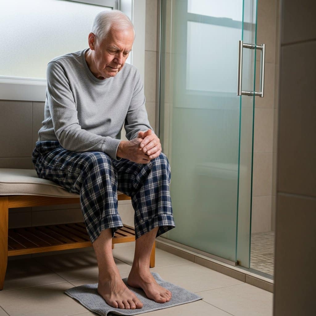 Older man with white hair seated on a bathroom bench looking down at his bare dry feet resting on a towel, full-body centered view