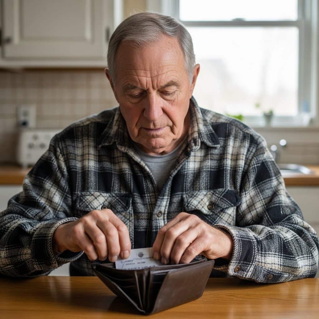 Older man in flannel shirt tucking a small card into an open leather wallet at a kitchen table, waist-up centered view