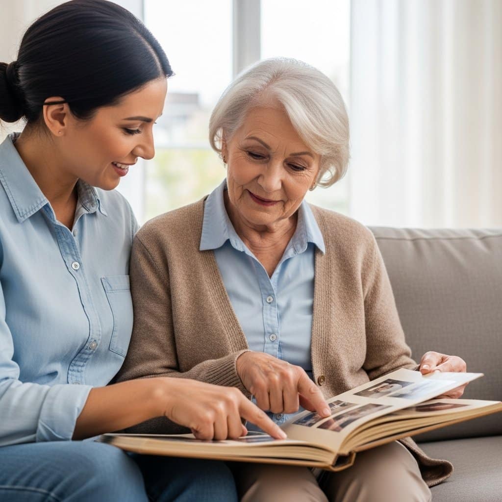 Older woman and adult caregiver sitting side by side on a sofa looking at an open photo album together, waist-up centered view