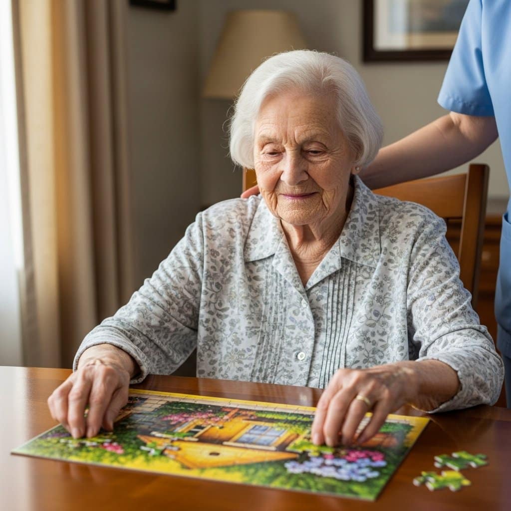 Older woman seated at a dining room table assembling a large-piece garden scene puzzle with a caregiver's hand gently resting on her shoulder, waist-up centered view