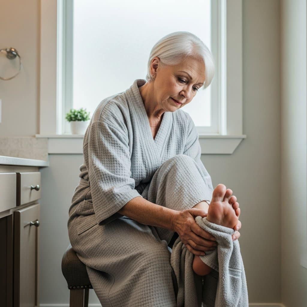 Older woman in a robe seated on a bathroom stool carefully patting her foot dry with a soft towel, waist-up centered view