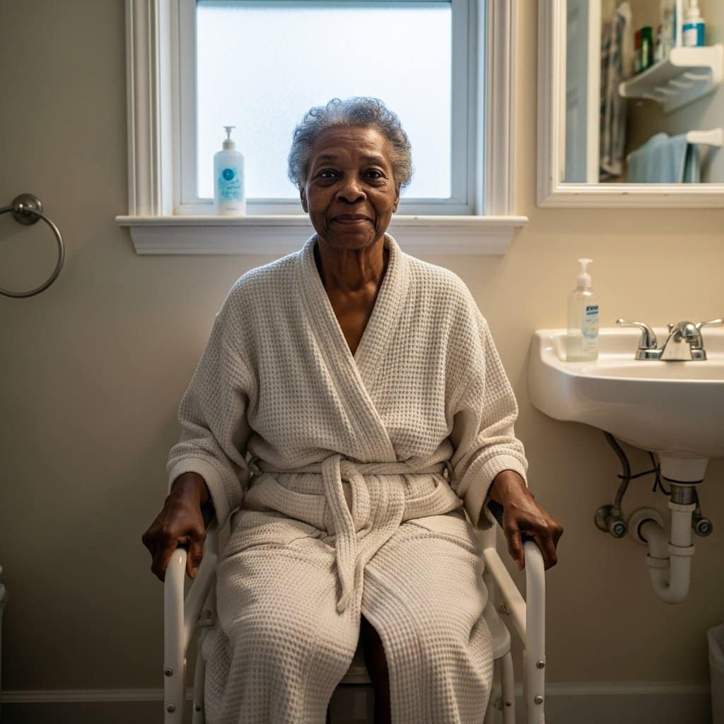 Older woman sitting calmly on a raised toilet seat with armrests in a home bathroom, waist-up centered view