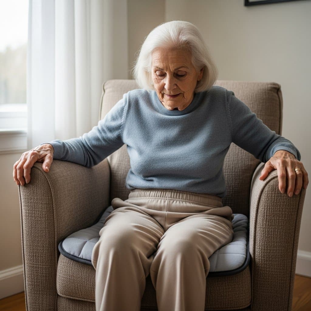 Older woman with white hair lowering herself into a cushioned living room chair with a waterproof chair pad on the seat, full-body centered view