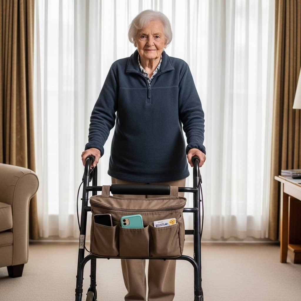 Older woman standing in a living room with both hands on her walker grips, a multi-pocket bag attached to the frame holding a phone and a laminated card, full-body centered view