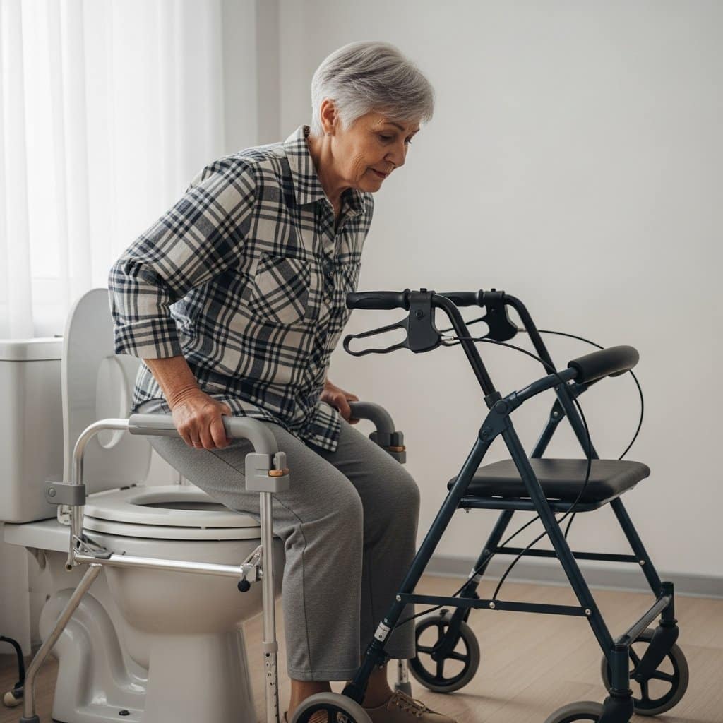 Older woman pushing herself upright from a raised toilet seat with armrests, with a rolling walker parked beside her, full-body centered view