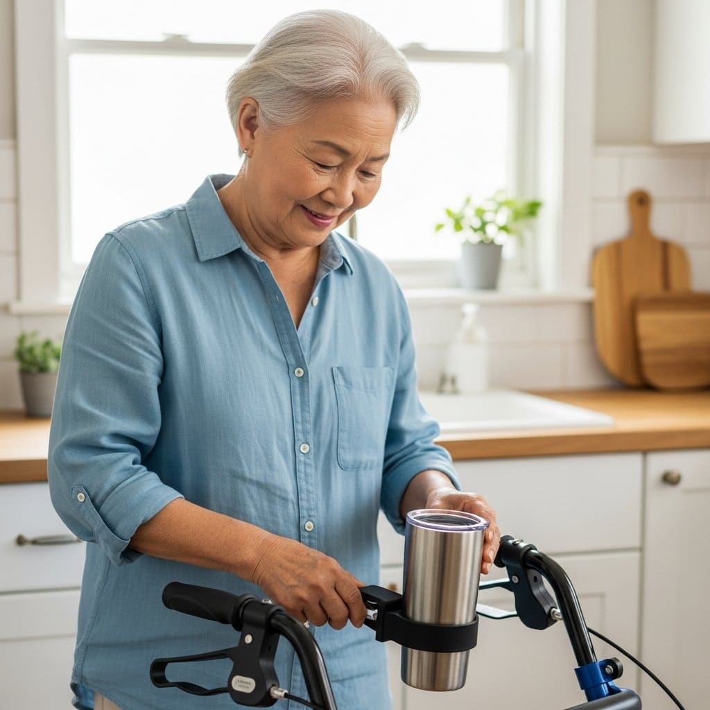 Older woman in a kitchen clipping a cup holder attachment to her walker and placing a tumbler inside it, waist-up centered view