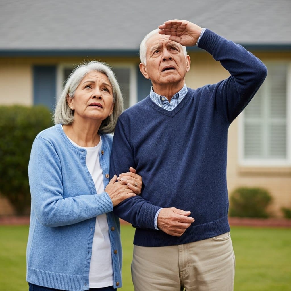 Older couple standing on their front lawn looking up toward the roofline with concerned expressions, full-body centered view