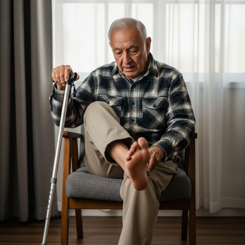 Older man with a quad cane seated in a living room chair lifting his bare foot to inspect his heel, full-body centered view