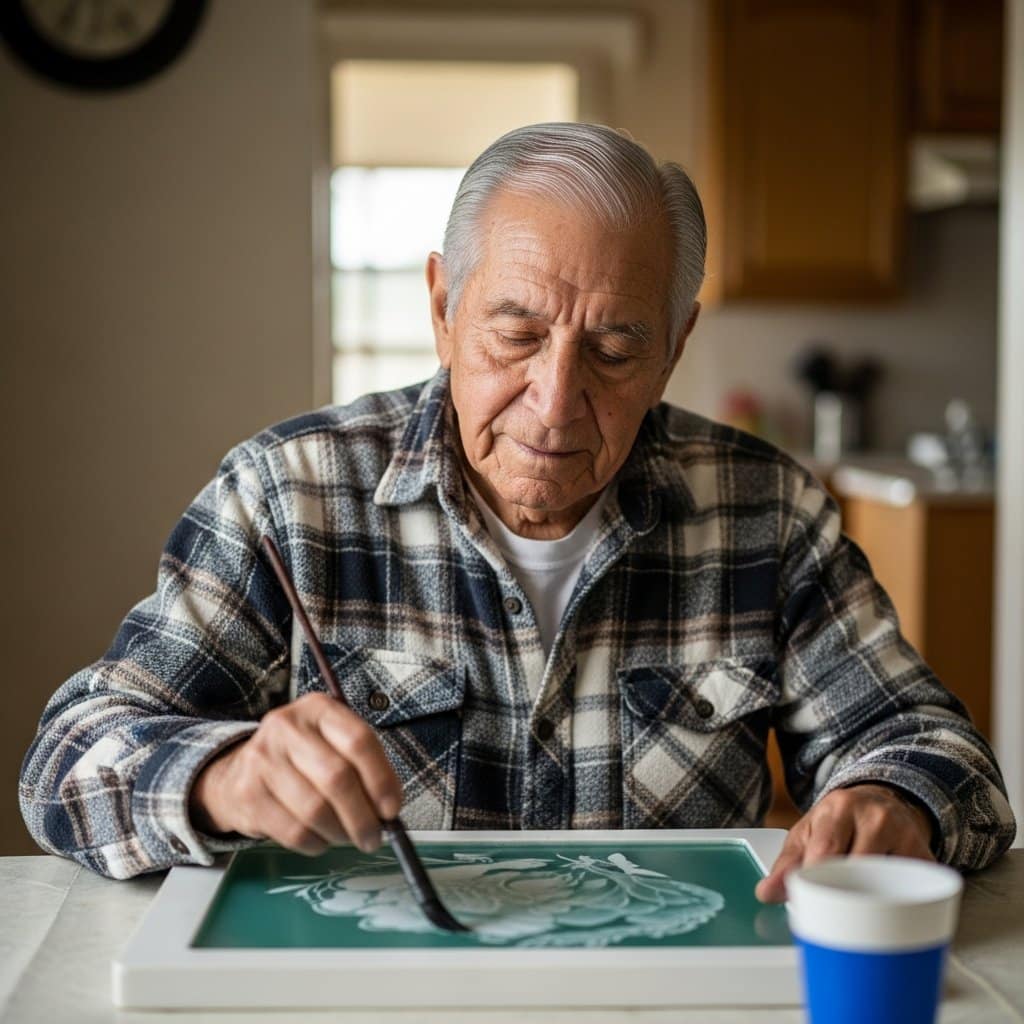 Older man seated at a kitchen table guiding a wet brush across a water painting board as a soft image appears, waist-up centered view