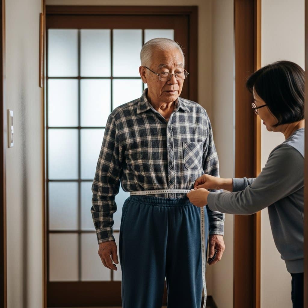 Older man standing in a home hallway while someone wraps a measuring tape around his waist over his clothing, calm cooperative expression, full-body centered view