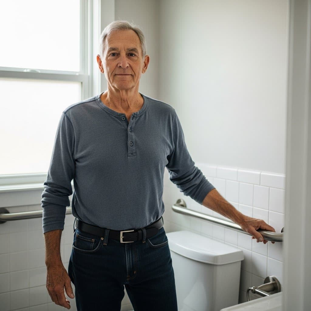 Older man in casual clothing resting a hand on a newly installed grab bar beside a toilet in a clean bathroom, waist-up centered view
