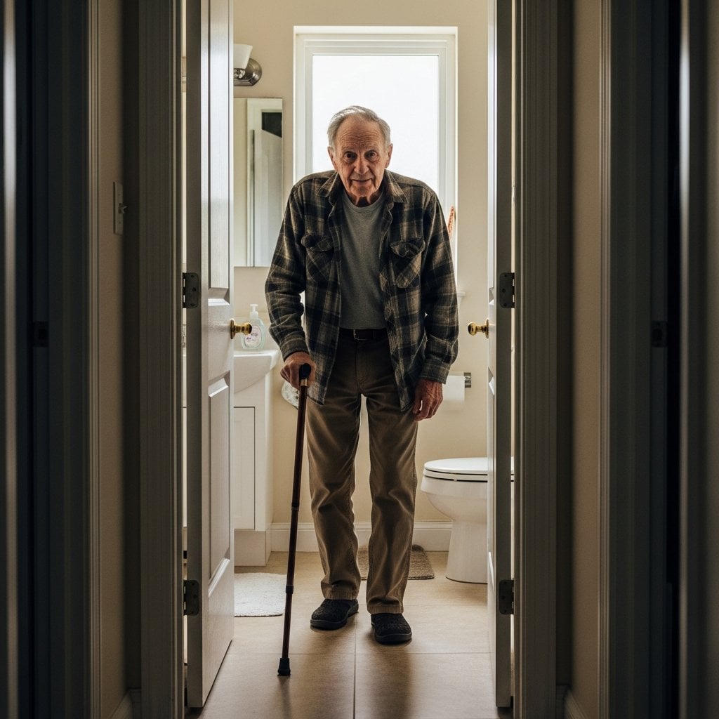 Older man with a cane pausing at a bathroom doorway with a self-assured expression, full-body centered view