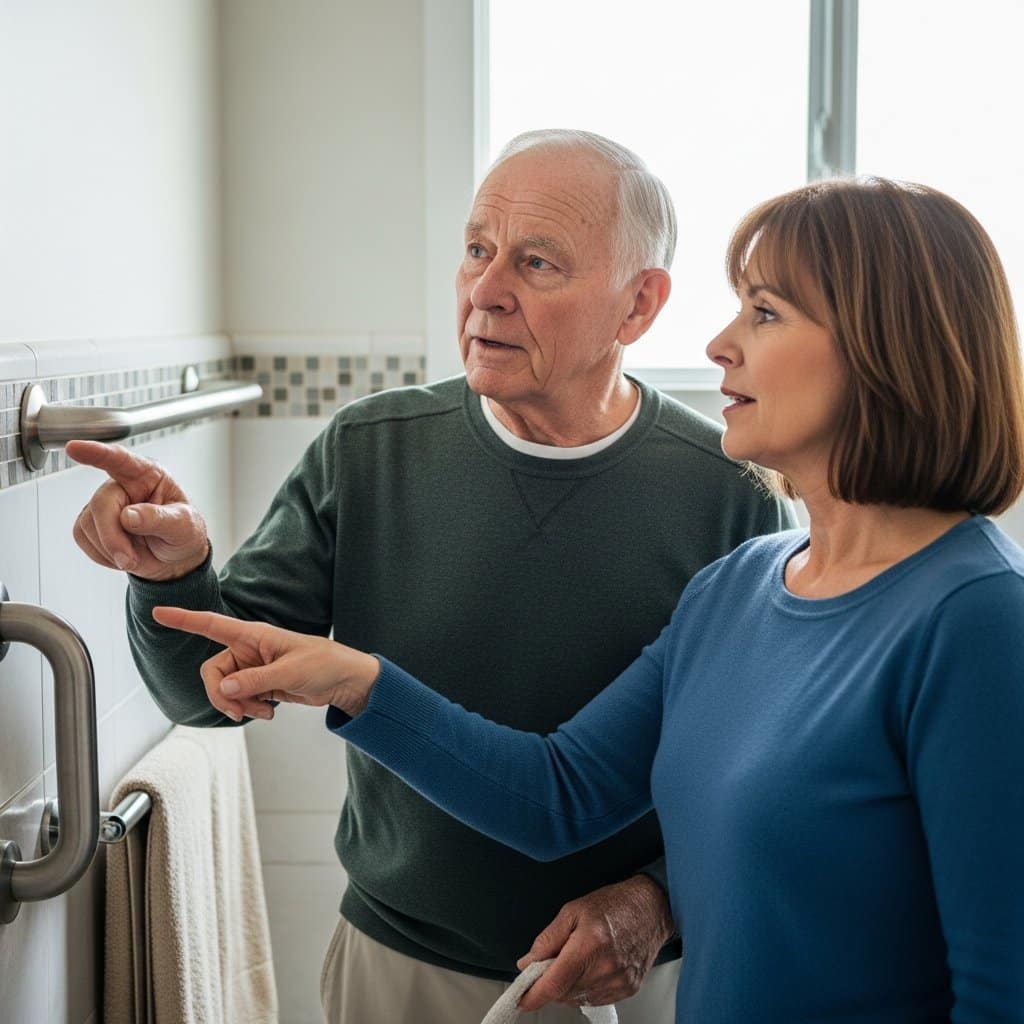 Older man and younger adult woman standing together in a bathroom discussing safety modifications on a tile wall, waist-up centered view